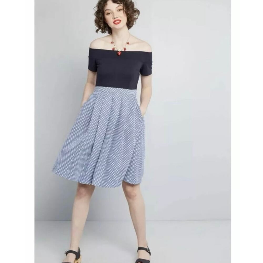 ModCloth Double The Lovely Blue Jacquard A Line Off The Shoulder Dress XL